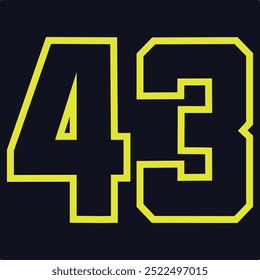 43 Classic Vintage Sport Jersey  Uniform numbers in black with a black outside contour line number on white background for American football, Baseball and Basketball or soccer for shirt