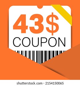 43$ Coupon promotion sale for a website, internet ads, social media gift 43 Dollar off discount voucher. Big sale and super sale coupon discount. Price Tag Mega Coupon discount vector illustration.