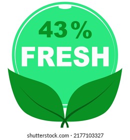 43% fresh fruits vector art illustration sign symbol in green round shape with leaves business stamp isolated on white background