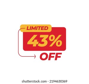 43% Limited Discount tag product banner label vector art illustration. Isolated on White Background in red color