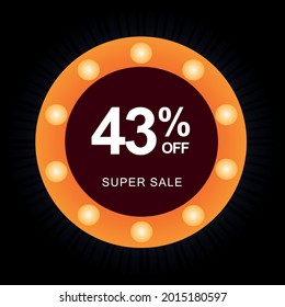 43% de descuento. Banner negro con 43% de descuento en un globo circular con luces anaranjadas para mega ofertas.