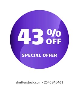 43% off. Forty three percent off, Special Offer. Discount sale banner design template. Discount tag. Vector illustration. Purple Design.