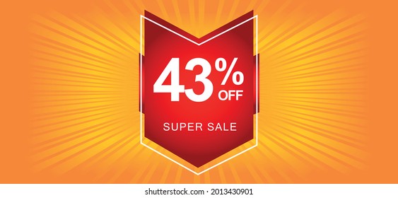 43% off. Orange banner with forty-three percent discount on a red balloon for mega offers.