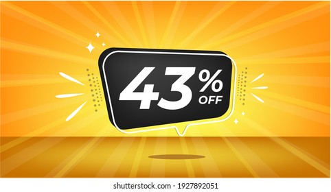43% off. Yellow banner with forty-three percent discount on a black balloon for mega big sales.