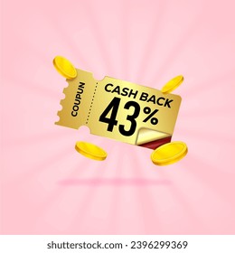 43 percent gift voucher with coupon Cash back. For business promotion sales and Discount online purchases. Tag label, sale banner with golden coin cash back. 