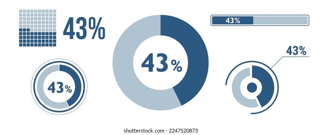 43 percent loading data icon set. Forty-three circle diagram, pie donut chart, progress bar. 43% percentage infographic. Vector concept collection, blue color.