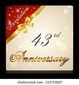 43 year anniversary celebration golden ribbon, 43rd anniversary decorative golden invitation card - vector eps10