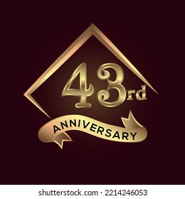 43 year anniversary celebration. Anniversary logo with square and elegance golden colour isolated on red background, vector design for celebration, invitation card, and greeting card