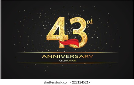 43 Year Anniversary celebration Vector Design with red ribbon and glitter. 43rd Anniversary celebration. Gold Luxury Banner of 43rd Anniversary. celebration card