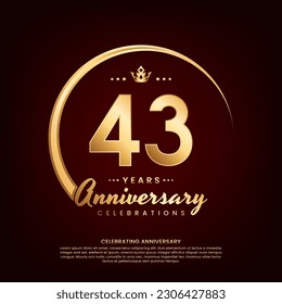 43 year anniversary template design with golden number and ring for birthday celebration event, invitation, banner poster, flyer, and greeting card, vector template