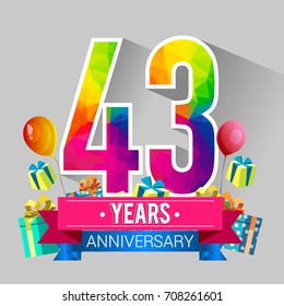 43 Years Anniversary Celebration Design, with gift box and balloons, red ribbon, Colorful polygonal logotype, Vector template elements for your birthday party.