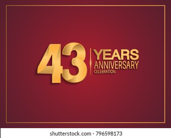 43 years anniversary celebration design with golden color isolated on red background for celebration event