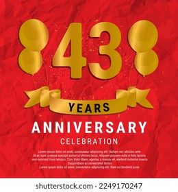 43 Years Anniversary celebration. Luxury happy birthday card background with elements balloons and ribbon with glitter effects. Abstract Red with Confetti and Golden Ribbon. Vector Illustration EPS10