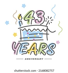 43 Years Anniversary Handwritten Typography Lettering Greeting Card With Colorful Big Cake, Sparkle Firework, Number, Candle And Confetti