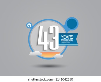 43 years anniversary illustration style with blue circle, orange fluid and cloud for party celebration event