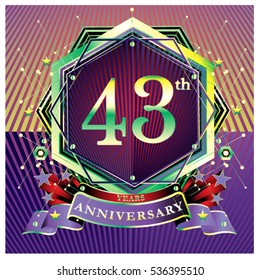43 years anniversary logo celebration with ring and ribbon. Symbol and template for greeting card