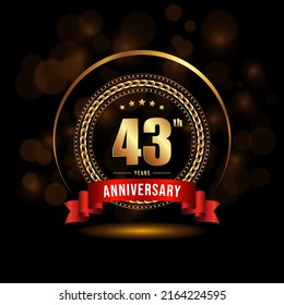 43 years anniversary logo with golden ring and ribbon for booklet, leaflet, magazine, brochure poster, banner, web, invitation or greeting card. Vector illustrations.