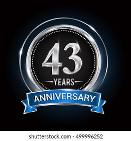 43 years anniversary logo with silver ring and blue ribbon, Vector design.