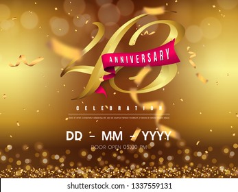 43 years anniversary logo template on gold background. 43rd celebrating golden numbers with red ribbon vector and confetti isolated design elements