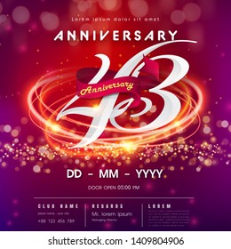 43 years anniversary logo template on red and pink  futuristic space background. 43rd modern technology design celebrating numbers with Hi-tech network digital technology concept design elements