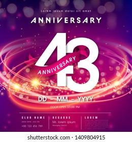 43 years anniversary logo template on purple Abstract futuristic space background. 43rd modern technology design celebrating numbers with Hi-tech network digital technology concept design elements.