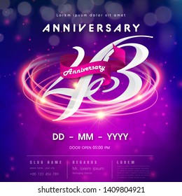 43 years anniversary logo template on purple Abstract futuristic space background. 43rd modern technology design celebrating numbers with Hi-tech network digital technology concept design elements.