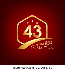 43 years anniversary. Anniversary template design inside of gold hexagon and curve with red background, design for event, invitation card, greeting card, banner, poster, flyer, book cover and print.