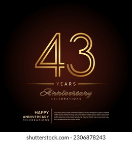 43 years anniversary, anniversary template design with double line number and golden text for birthday celebration event, invitation, banner poster, flyer, and greeting card, vector template