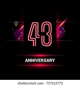 43 Years Anniversary vector logo design using neon style with flare ornament isolated on dark background