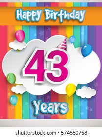 43 Years Birthday Celebration, with balloons and clouds, Colorful Vector design for invitation card and birthday party.