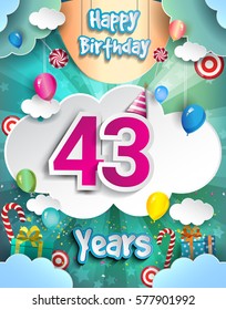 43 Years Birthday Design for greeting cards and poster, with clouds and gift box, balloons. design template for anniversary celebration.