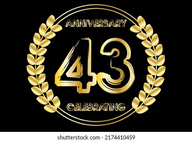 43 years gold anniversary celebration luxury logo. Vector with golden crown for birthday year isolated on black background.