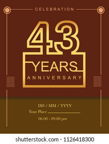 43 years golden anniversary design line style with square golden color for anniversary celebration event.