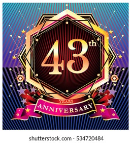 43 years golden anniversary logo celebration with ring and ribbon.