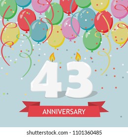 43 years selebration. Happy Birthday greeting card with candles, confetti and balloons.