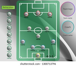 4-3-3 play plan on football field and gray background, Spherical team logo