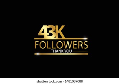 43k, 43.000 Followers celebration logotype. anniversary logo with golden and Spark light white color isolated on black background for social media - Vector