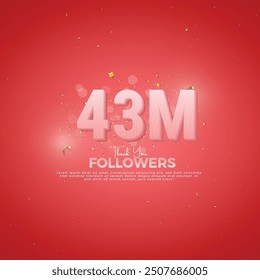 43M Follower celebration, 43M Pink Number on Red background with sparkling confetti, Thank you followers, 43M online social festive banner, 44M
