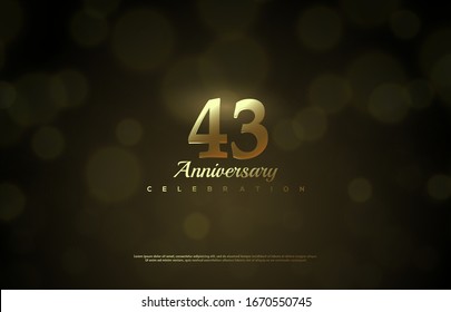 43rd anniversary background with illustrations of gold colored figures and golden light effects.