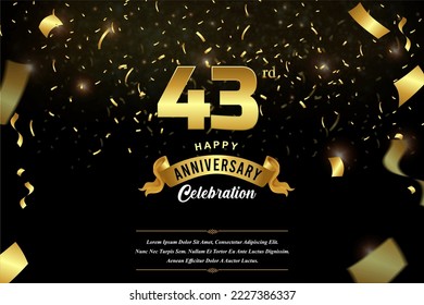 43rd anniversary celebration Gold numbers with dotted halftone, shadow and sparkling confetti. modern elegant design with black background. for wedding party event decoration.