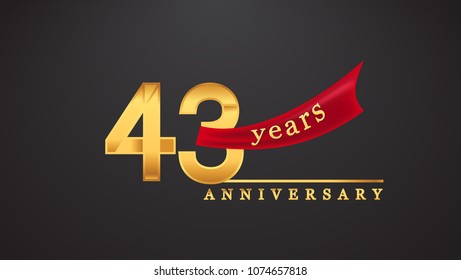 43rd anniversary design logotype golden color with red ribbon for anniversary celebration