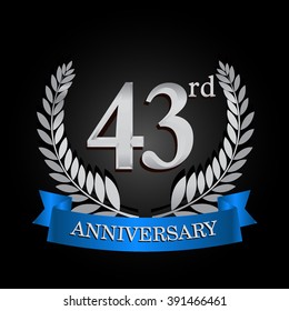 43rd anniversary logo with blue ribbon and laurel wreath, vector template for birthday celebration.