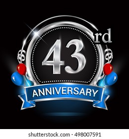 43rd anniversary logo with silver ring,balloons and blue ribbon. Vector design template elements for your birthday celebration.