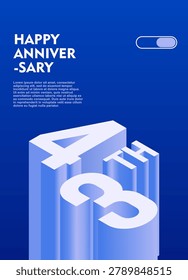 43rd Modern anniversary poster template featuring a bold 3d isometric number on a vibrant blue background.