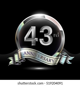 43rd silver anniversary logo, vector celebration design with ring and ribbon.