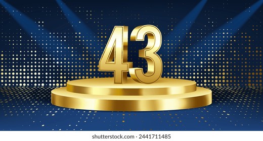43rd Year anniversary celebration background. Golden 3D numbers on a golden round podium, with lights in background.