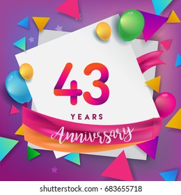 43rd Years Anniversary Celebration Design, balloons and ribbon, Colorful design elements for banner, invitation, greeting card your forty three birthday celebration party.