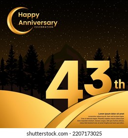 43th anniversary, Anniversary Celebration with golden text, isolated on mountains background, vector template illustration