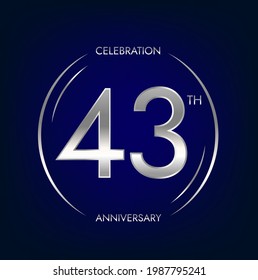 43th anniversary. Forty-three years birthday celebration banner in silver color. Circular logo with elegant number design.