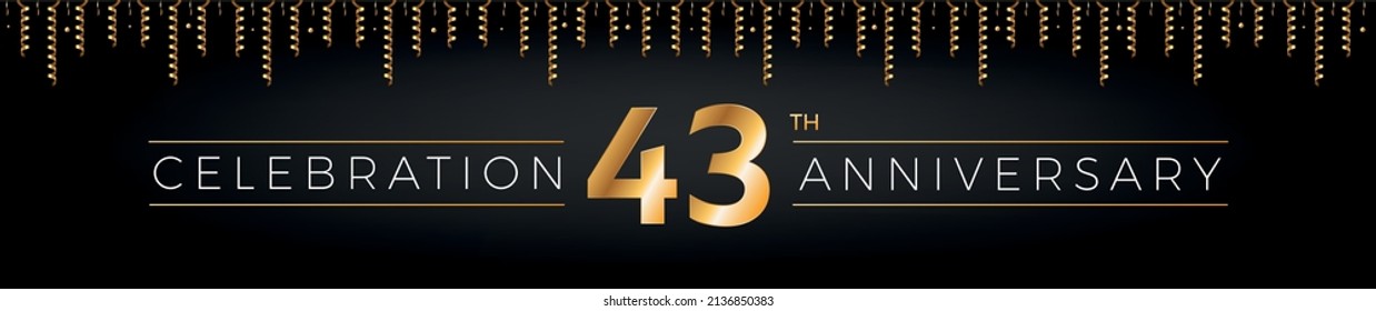43th anniversary. Forty-three years birthday celebration horizontal banner with bright golden color.